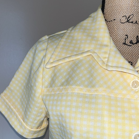 Vintage 70s Yellow Checkered Button Up Top Blouse - Picture 3 of 13